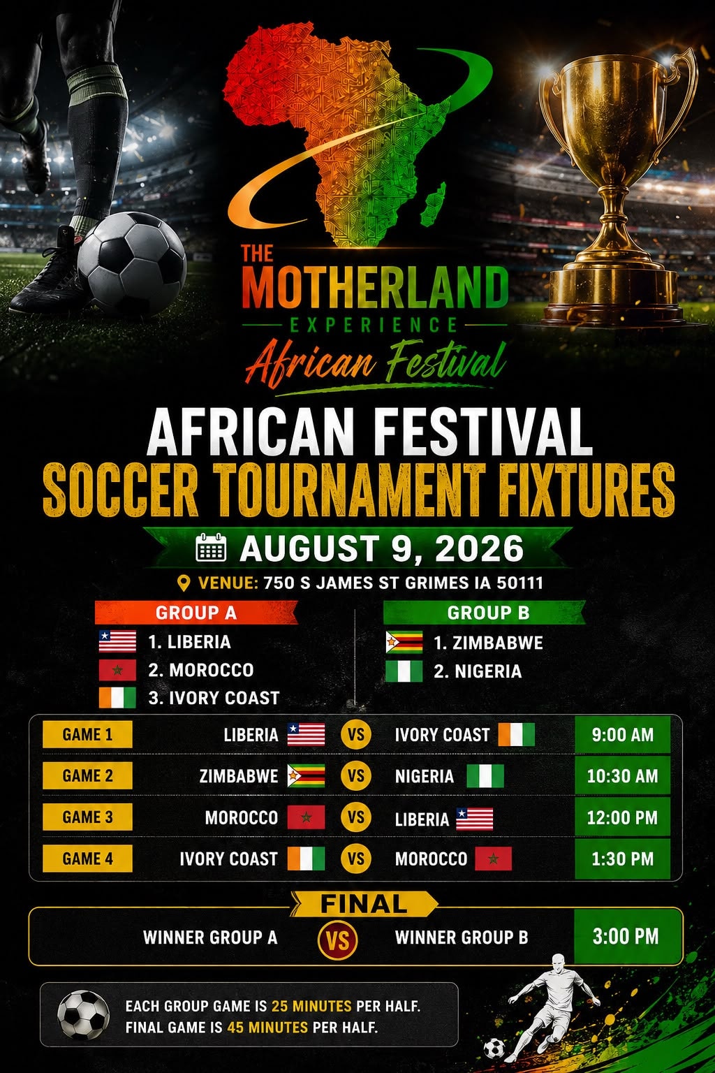 African Festival Soccer Tournament Fixtures flyer for August 9, 2026